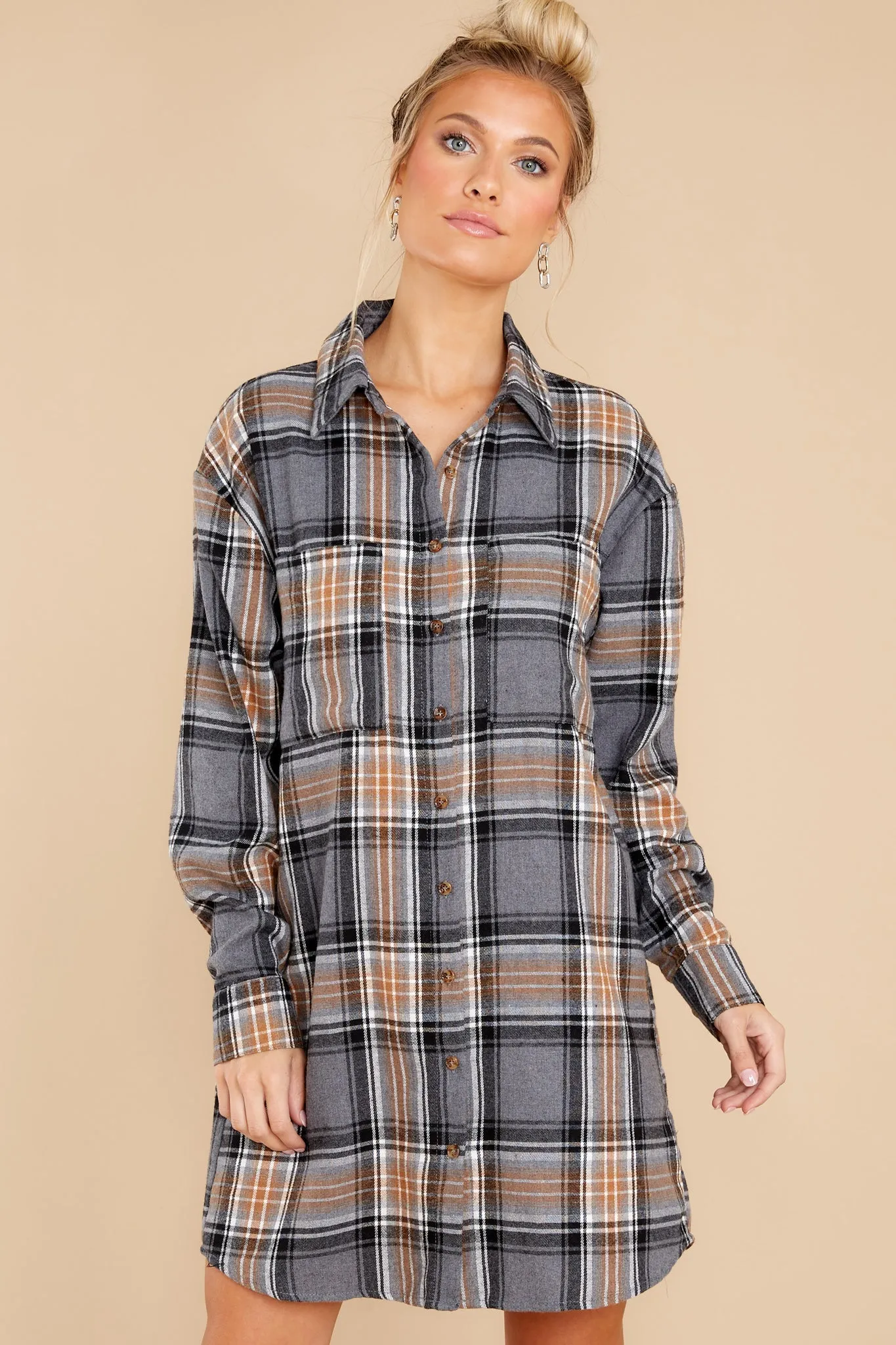 Make Time Grey And Caramel Plaid Dress