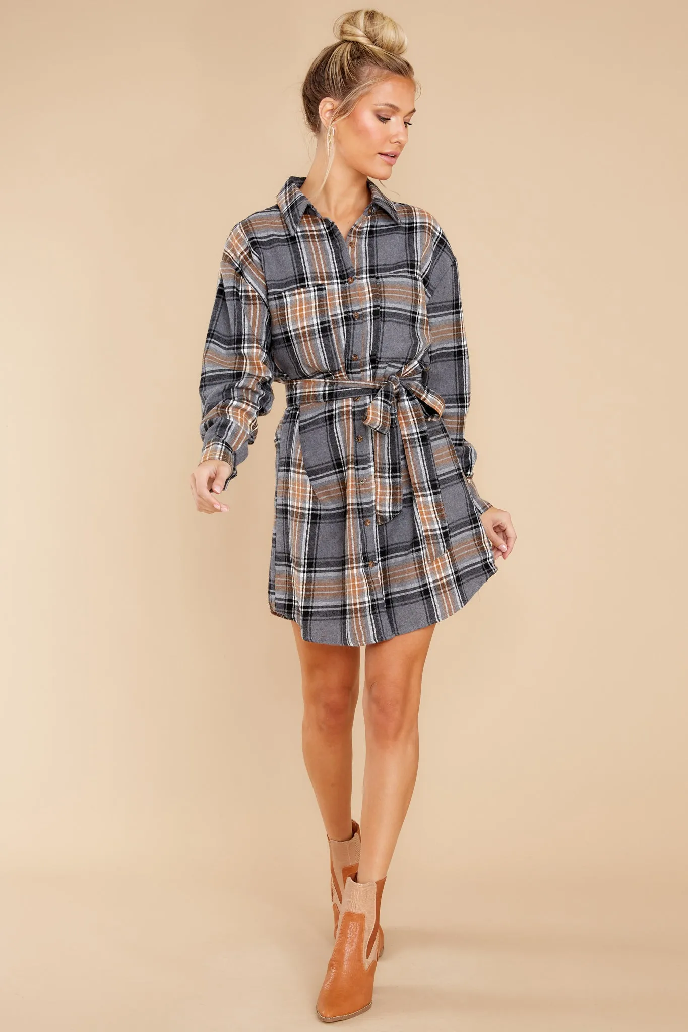 Make Time Grey And Caramel Plaid Dress