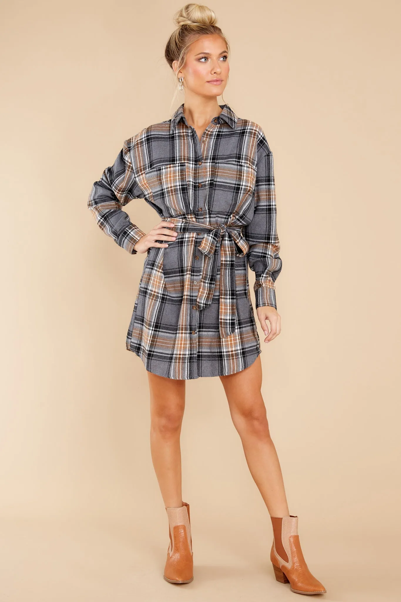 Make Time Grey And Caramel Plaid Dress