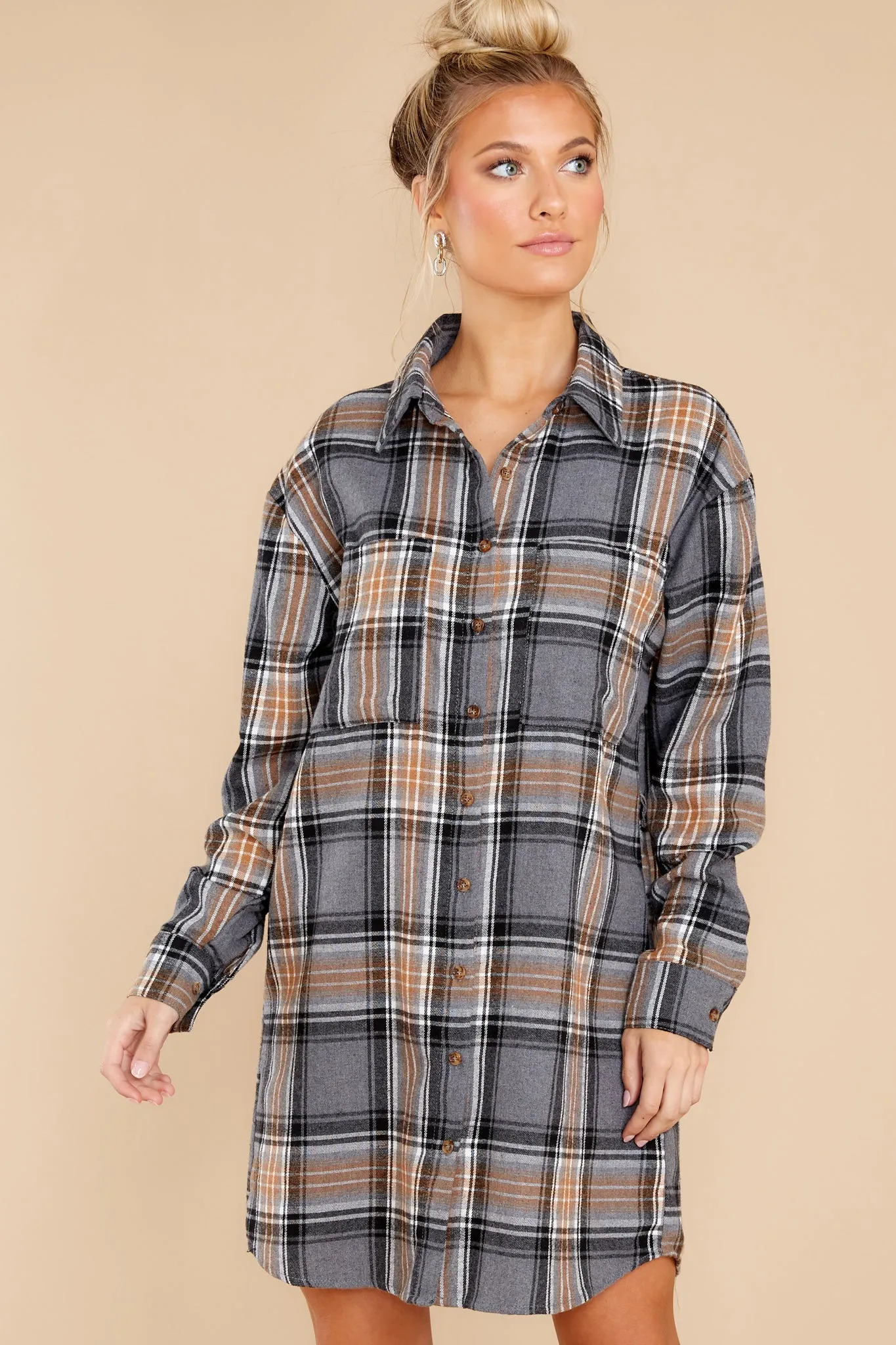 Make Time Grey And Caramel Plaid Dress