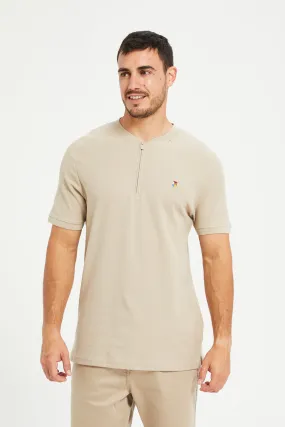 Men Beige Henley Polo Shirt