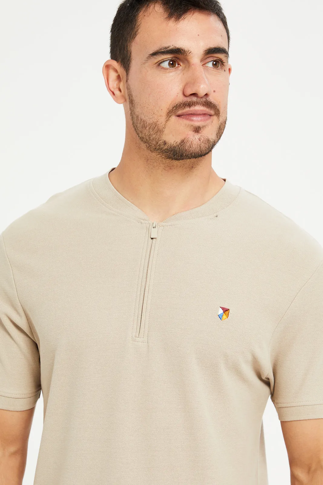 Men Beige Henley Polo Shirt