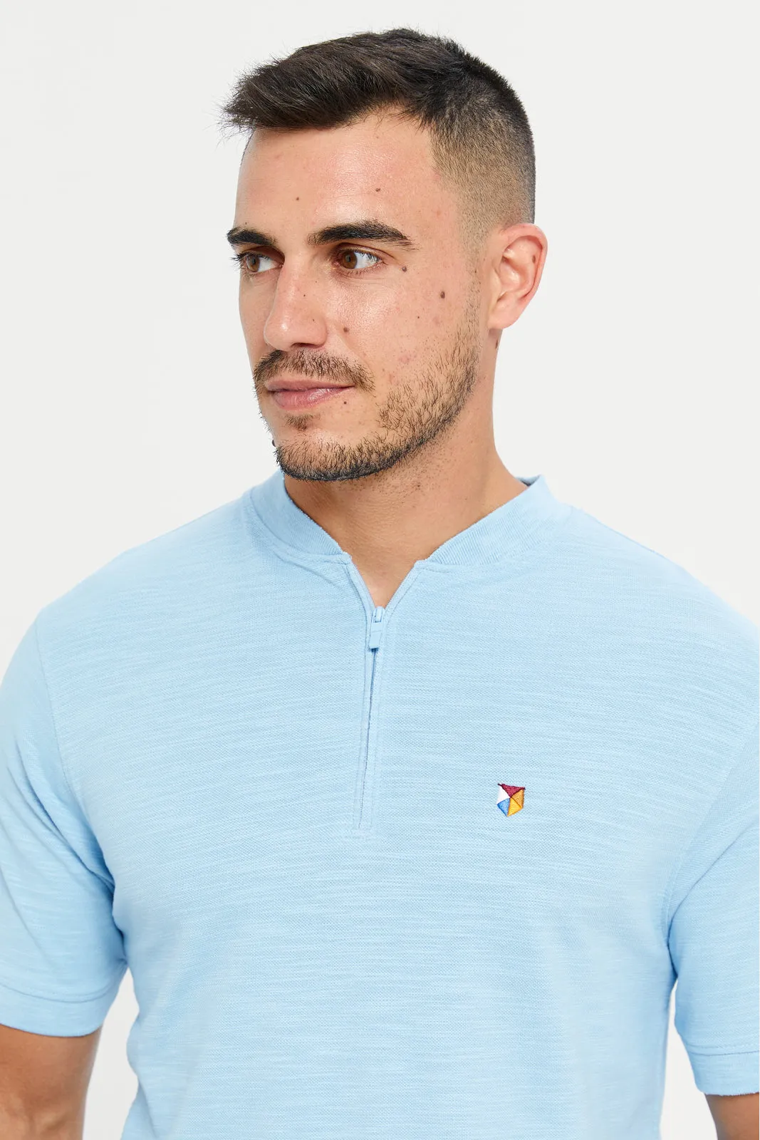 Men Blue Solid Henley Polo T-Shirt