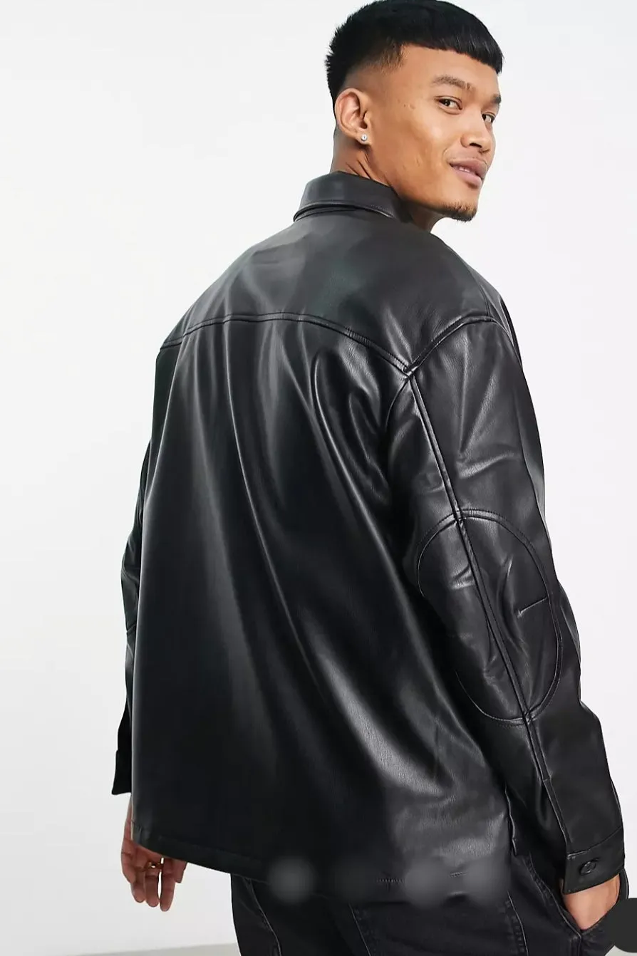 Men’s Black Sleek Trucker Leather Shirt