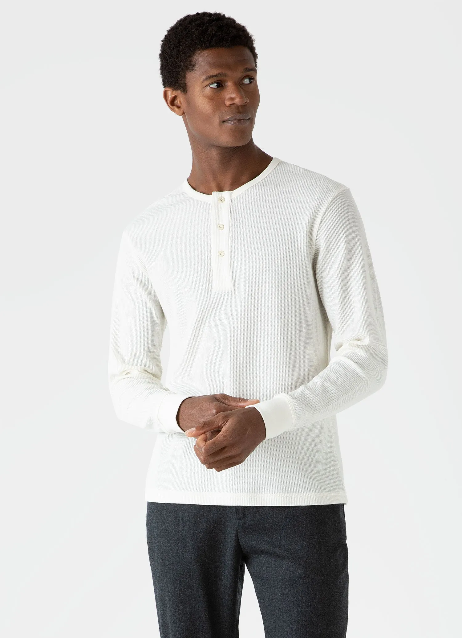 Men's Long Sleeve Waffle Henley in Ecru