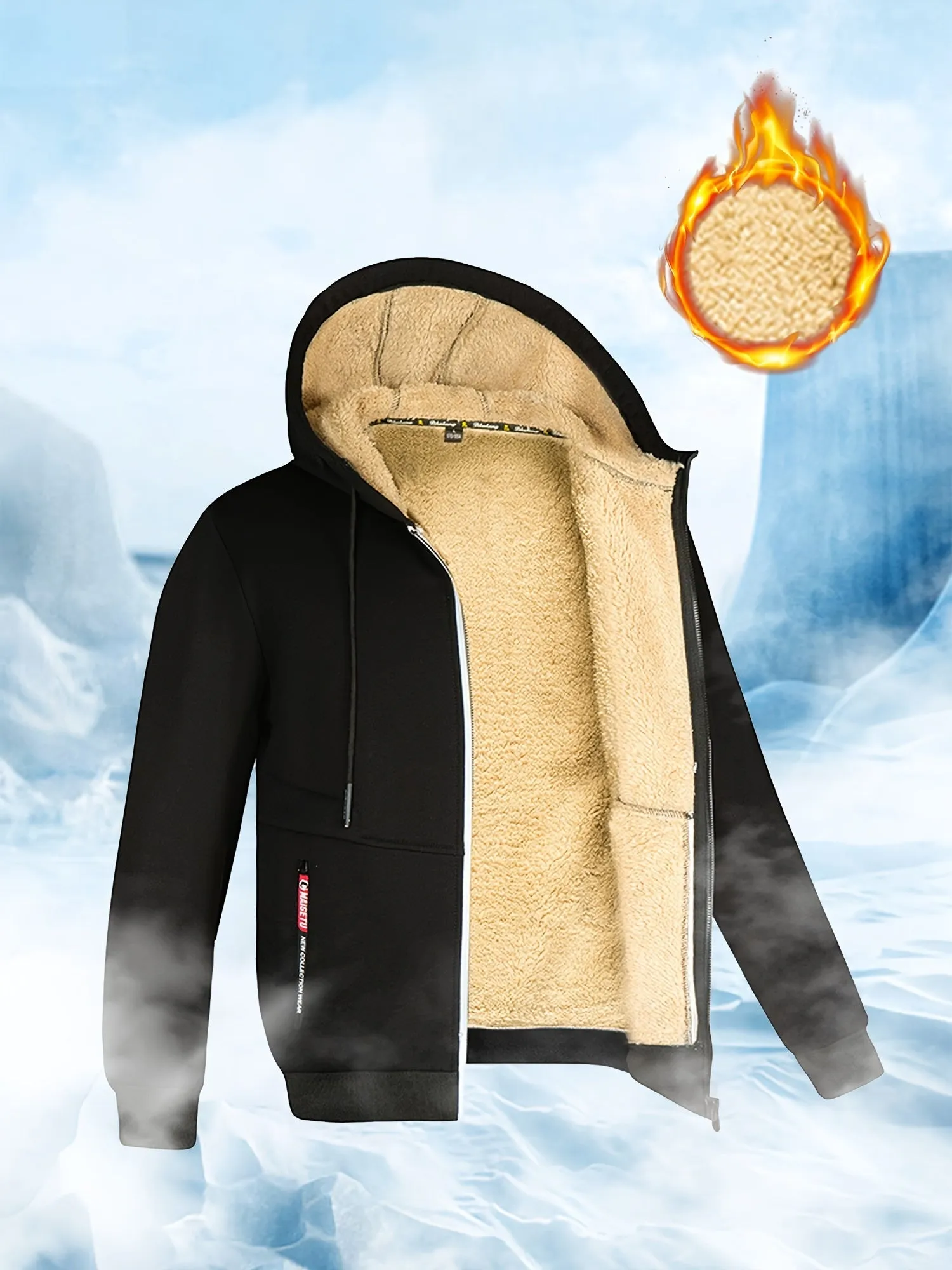 Men's Winter Sherpa Hooded Jacket Thick Warm Zip Up Hooded Jacket For Autumn Winter