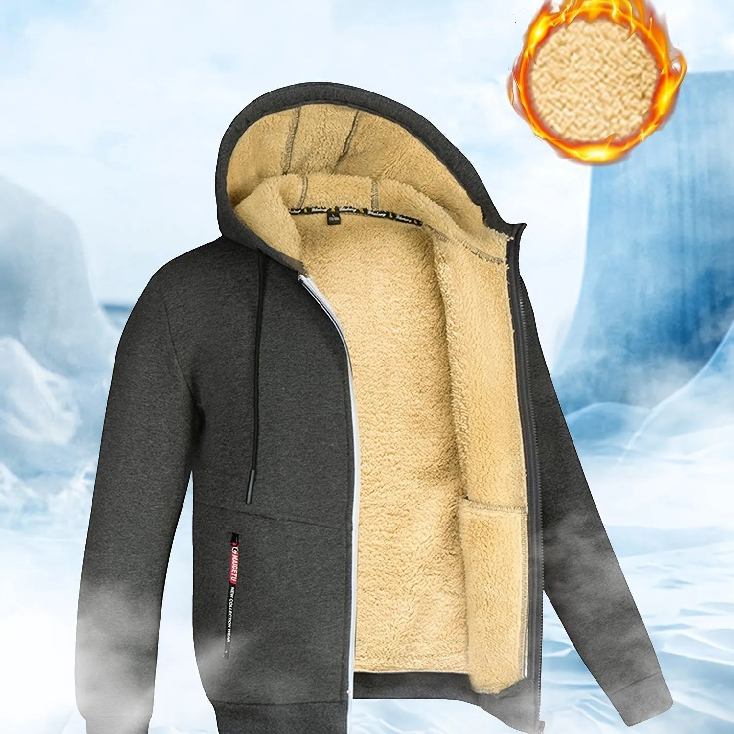 Men's Winter Sherpa Hooded Jacket Thick Warm Zip Up Hooded Jacket For Autumn Winter