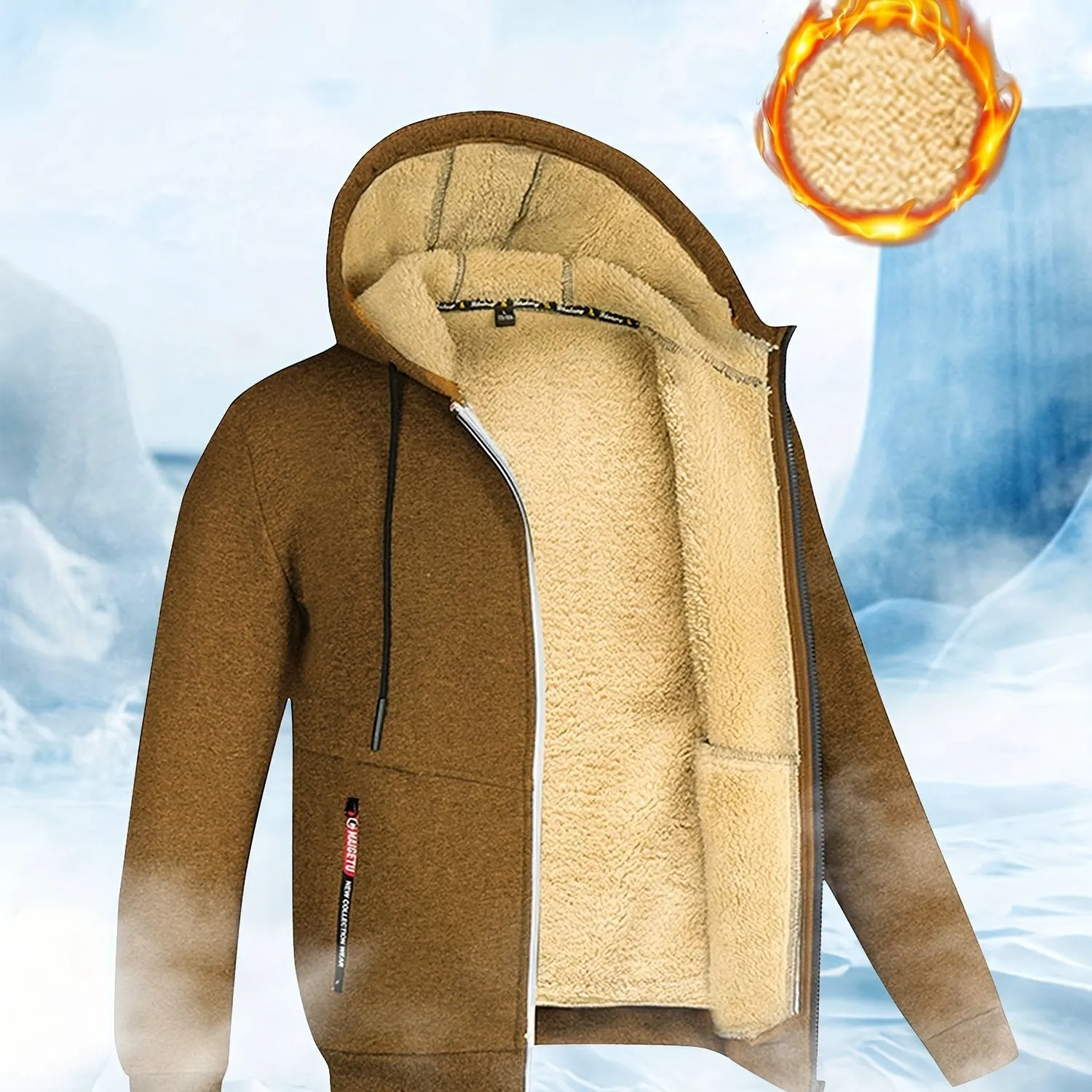 Men's Winter Sherpa Hooded Jacket Thick Warm Zip Up Hooded Jacket For Autumn Winter