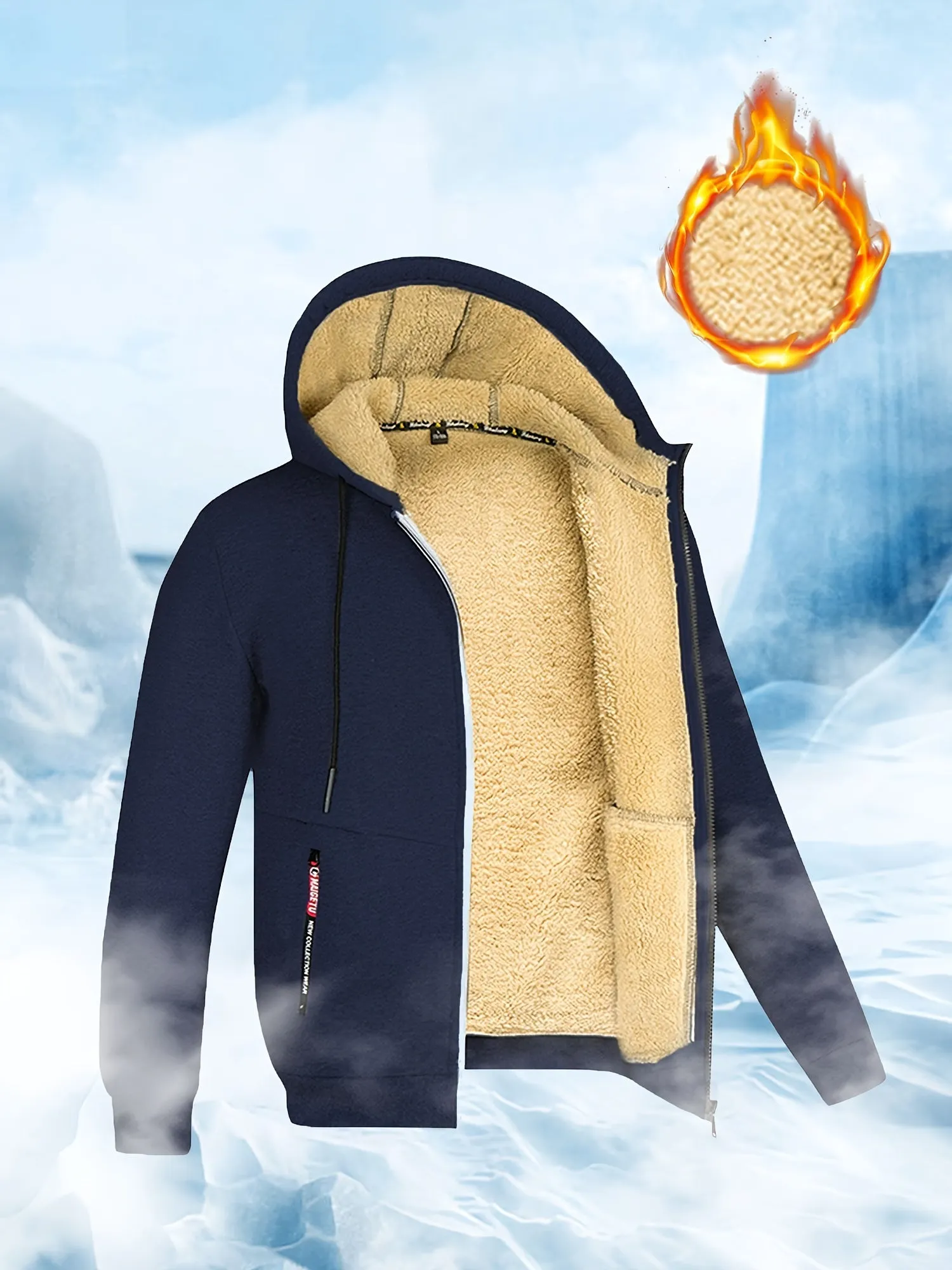 Men's Winter Sherpa Hooded Jacket Thick Warm Zip Up Hooded Jacket For Autumn Winter