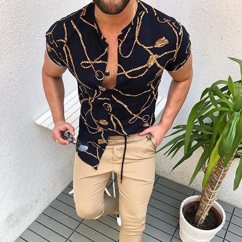 Nation Style Summer Man Shirt Mens Ethnic Printed Stand Collar Stripe Short Sleeve Loose Hawaiian Henley Casual Shirt