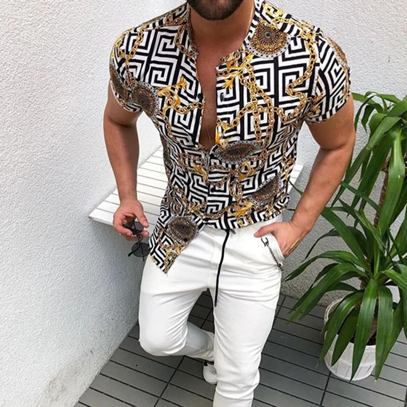 Nation Style Summer Man Shirt Mens Ethnic Printed Stand Collar Stripe Short Sleeve Loose Hawaiian Henley Casual Shirt