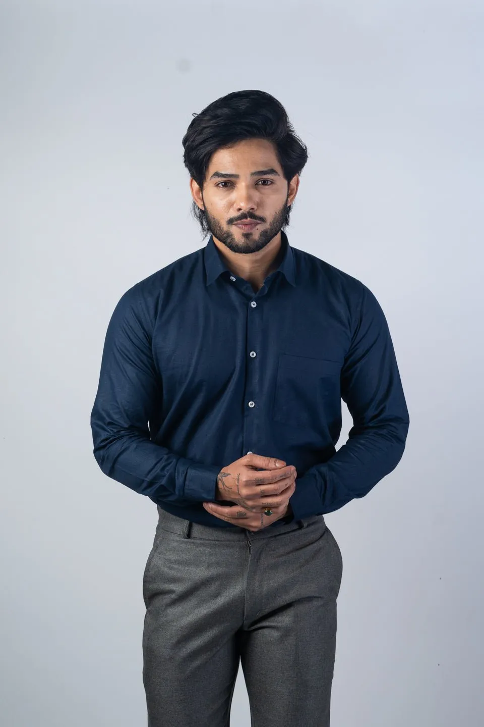 Navy Blue Color Solid Pure Cotton For Men