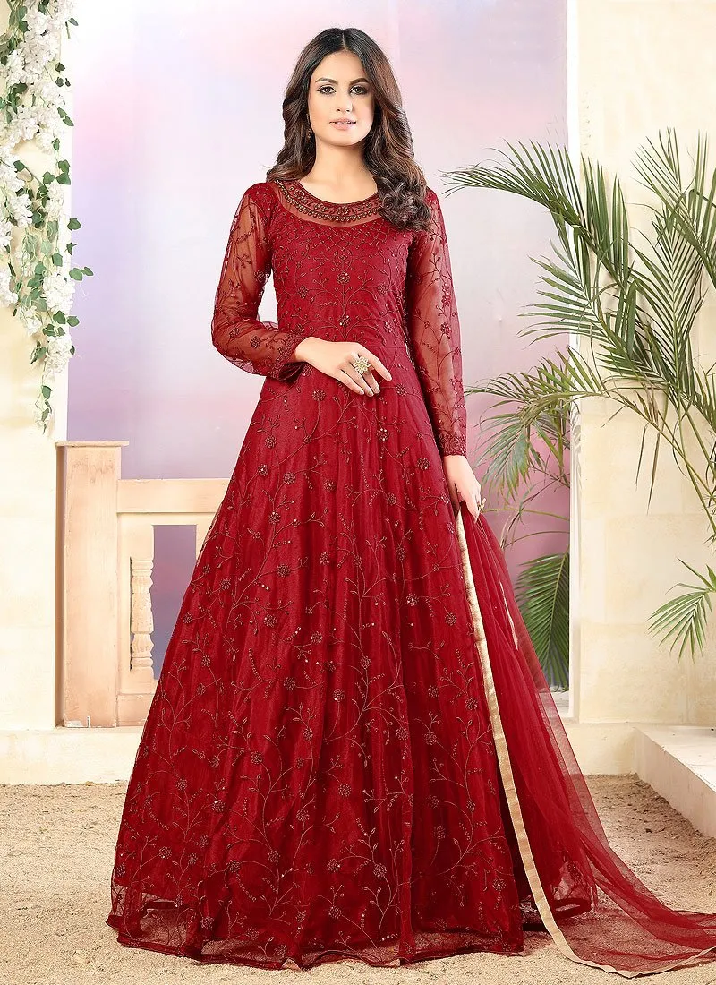 Net Cherry Red A Line Embroidered Anarkali Suit