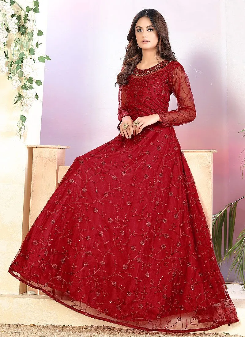 Net Cherry Red A Line Embroidered Anarkali Suit