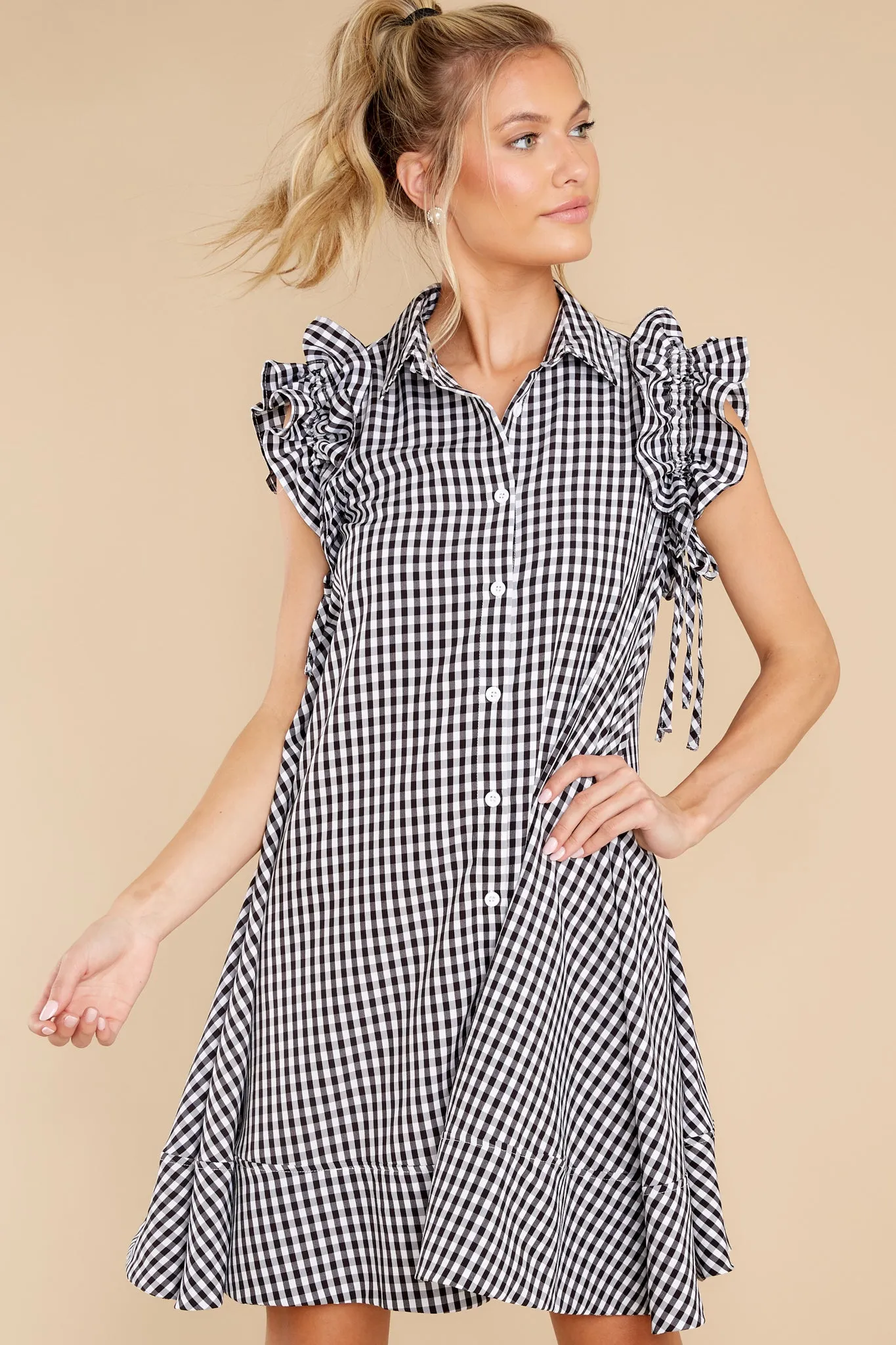 New Obsession White And Black Gingham Shirt Dress