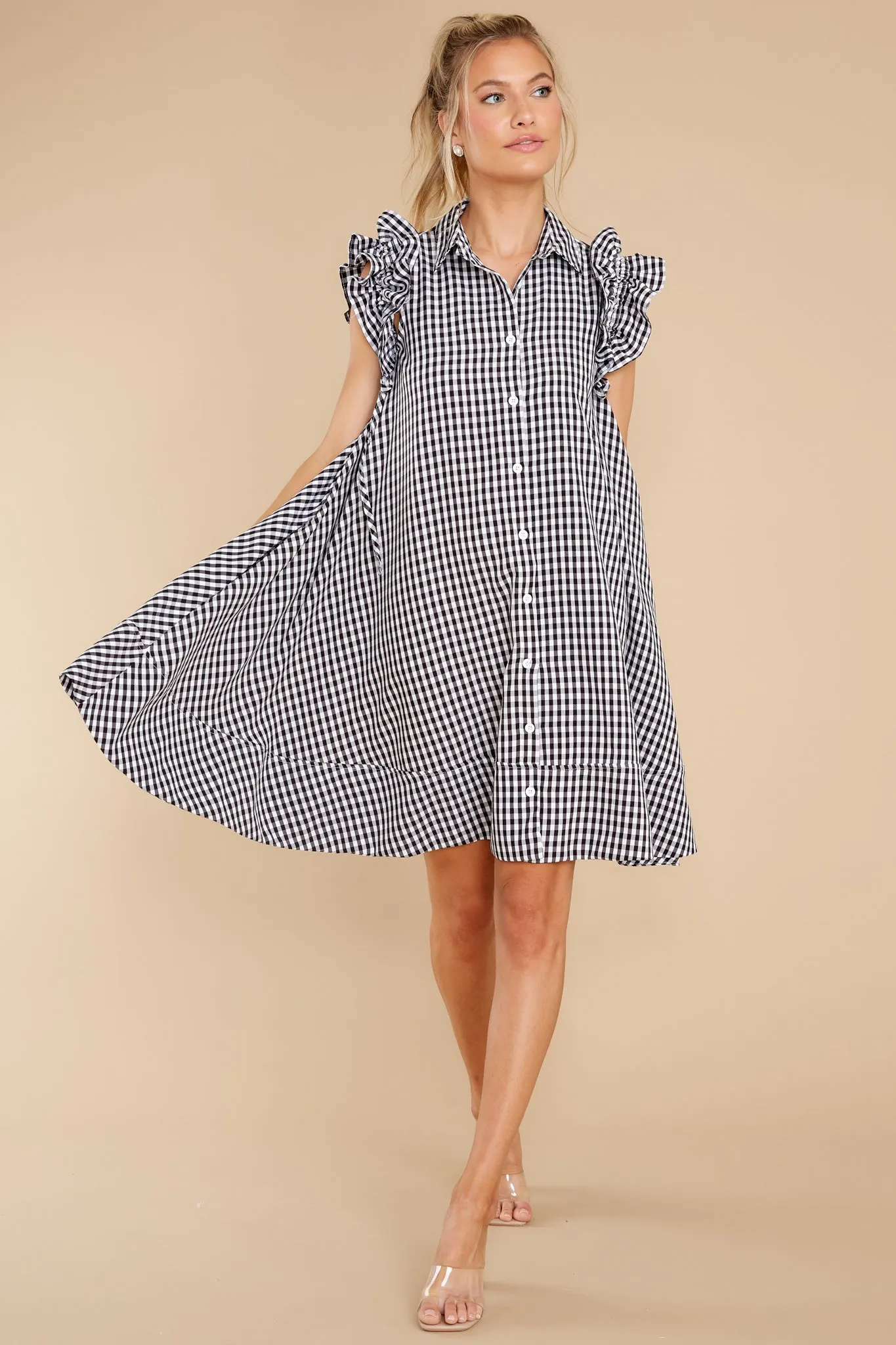 New Obsession White And Black Gingham Shirt Dress