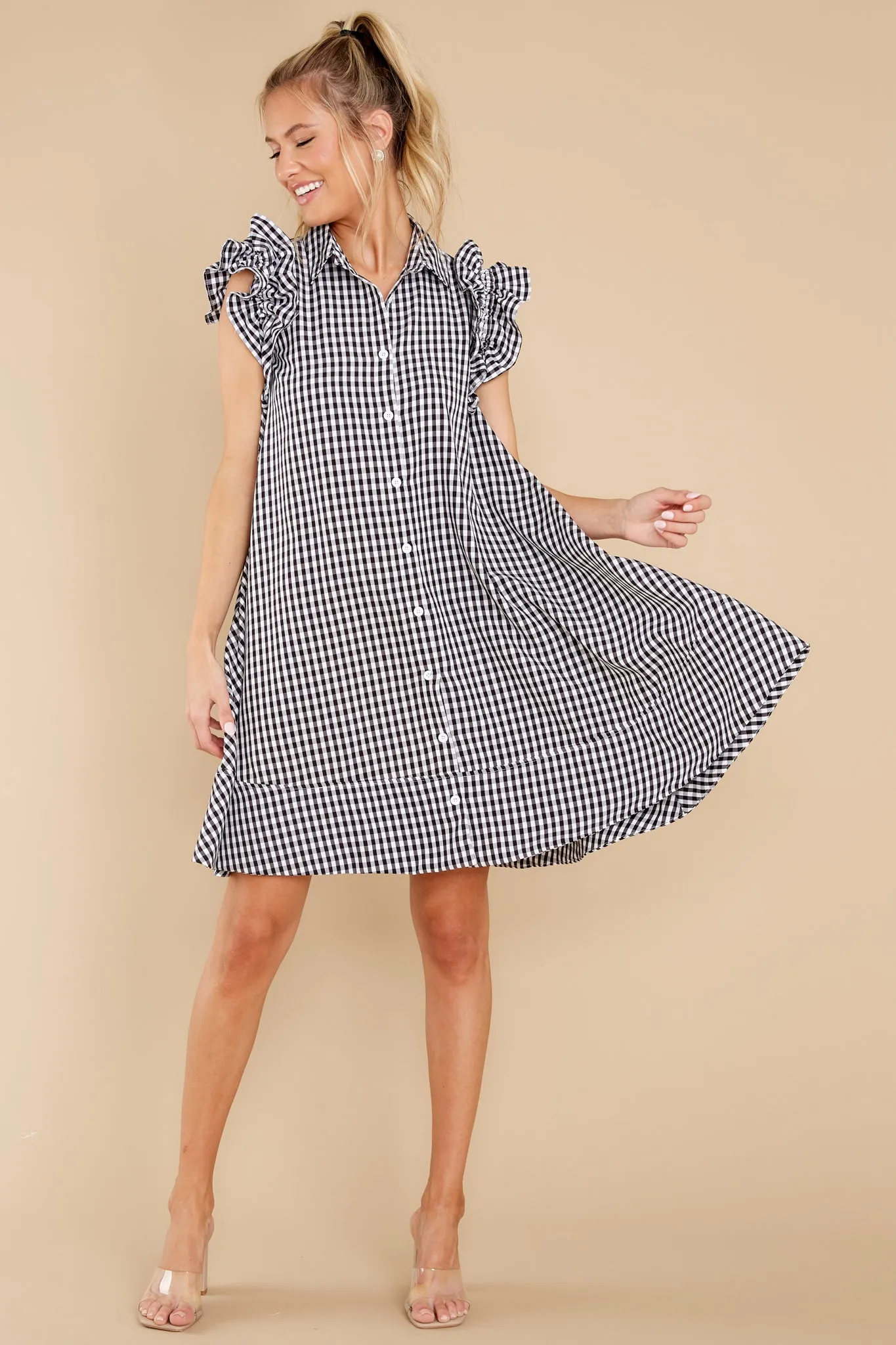 New Obsession White And Black Gingham Shirt Dress