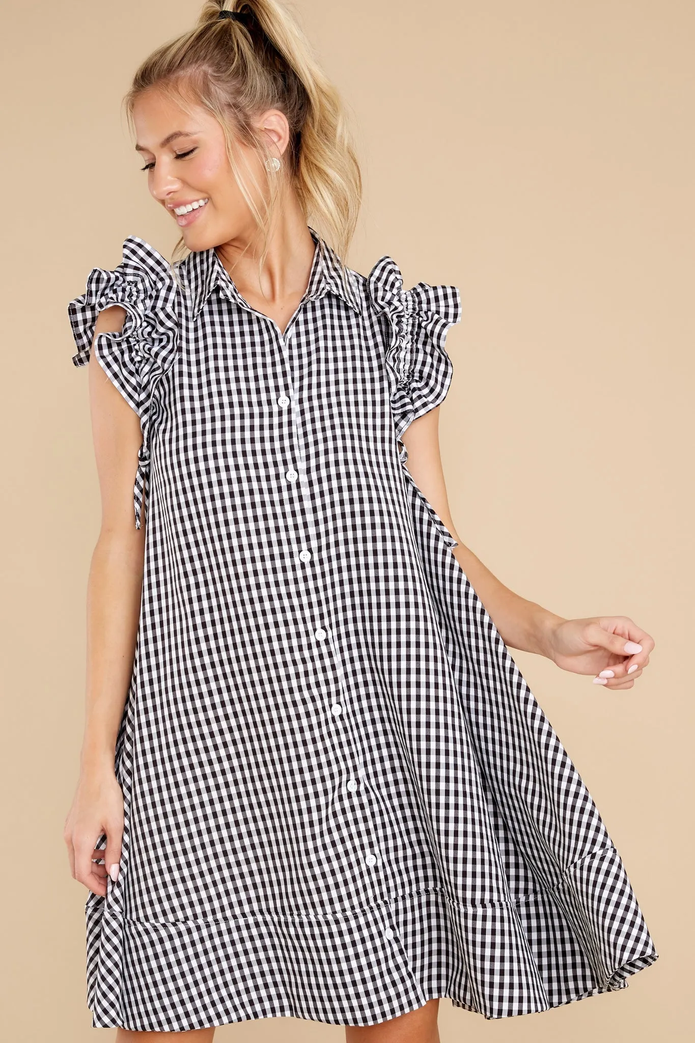 New Obsession White And Black Gingham Shirt Dress