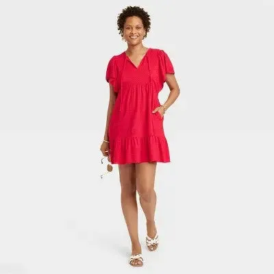 New - Women's Ruffle Short Sleeve A-Line Dress - Knox Rose Red XS