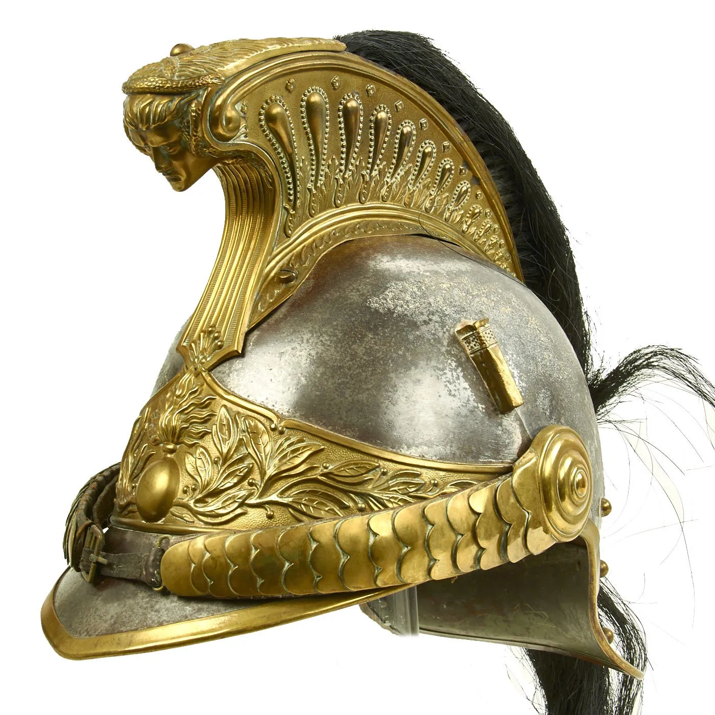 Original French Model 1874 Steel and Brass Cuirassier Helmet with Horsehair Tail