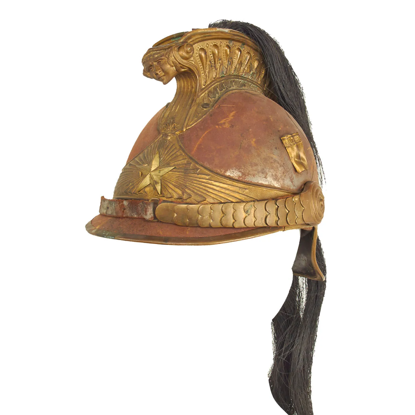 Original French WWI Model 1874 Steel and Brass Cuirassier Helmet with Horsehair Tail