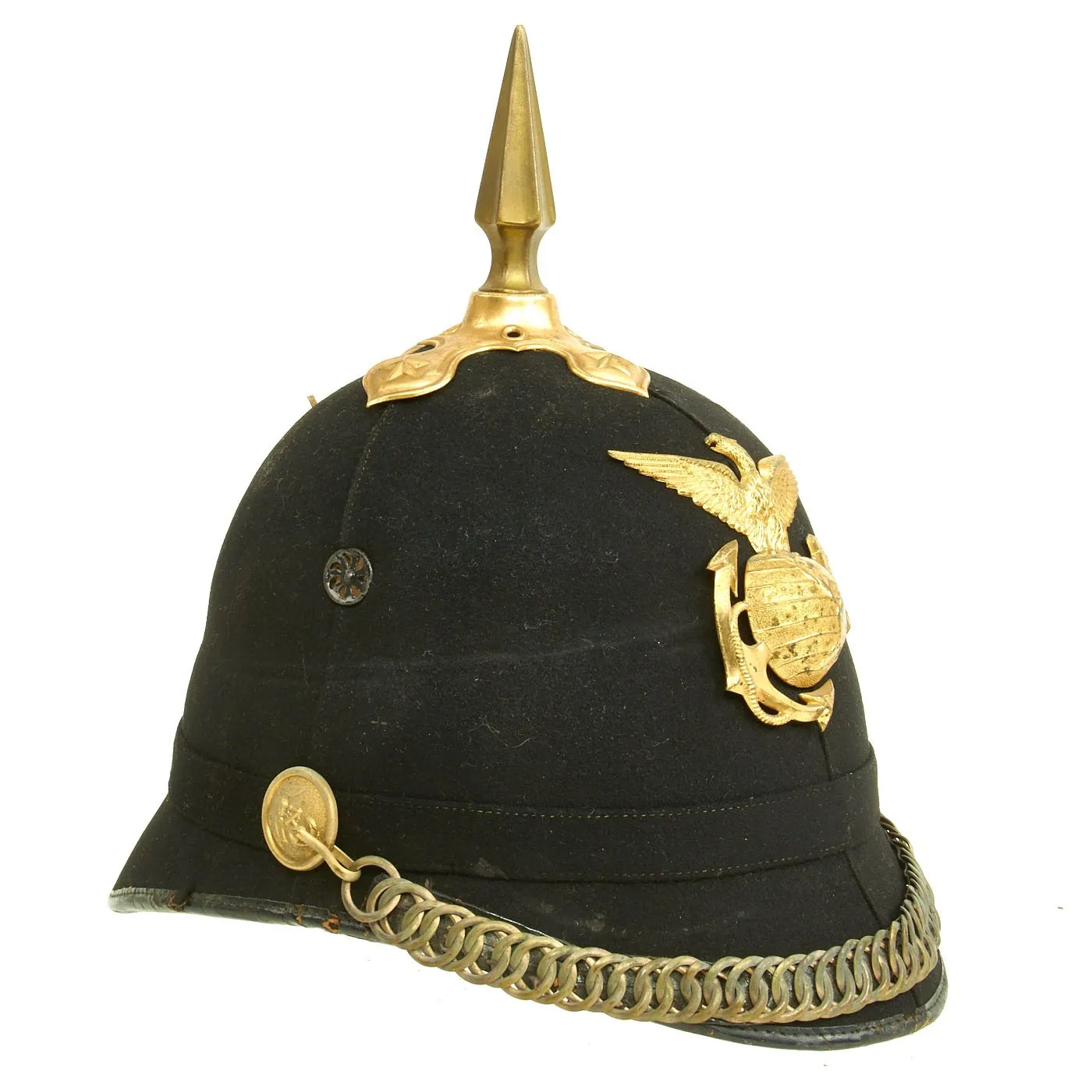 Original U.S. Marine Corps Model 1892 Officer's Dress Spiked Helmet with Brass Ring Chin Strap