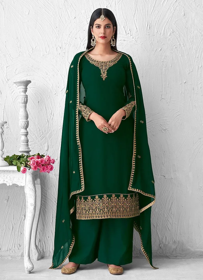 Outstanding Green Embroidered Georgette Palazzo Suit