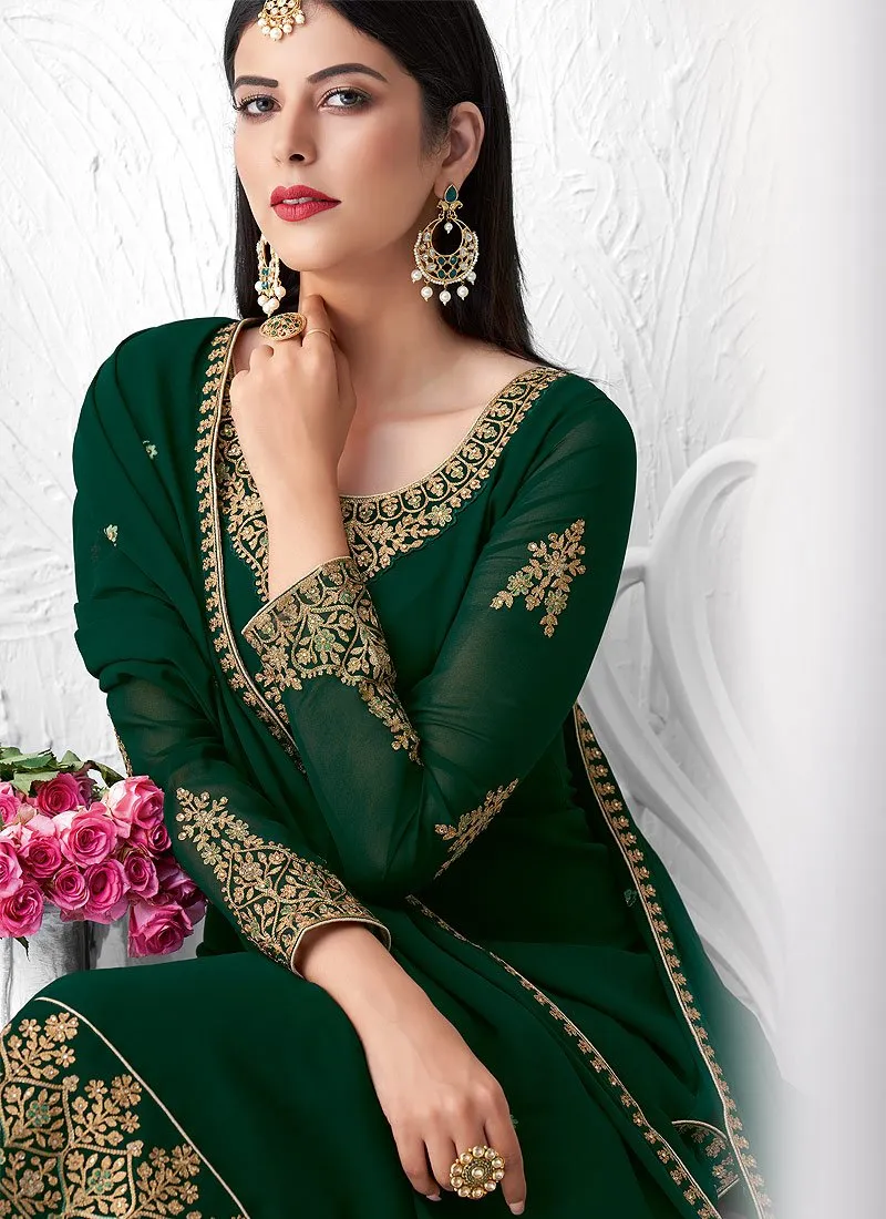 Outstanding Green Embroidered Georgette Palazzo Suit