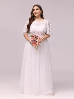 Plus Size Embroidery Short Sleeves Flowy White Wedding Dress