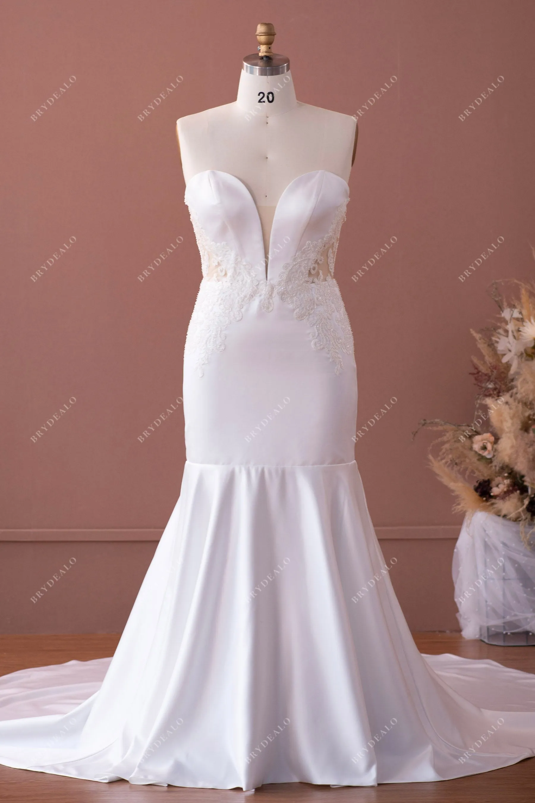 Plus Size Lace Plunging Chapel Train Mermaid Wedding Dress