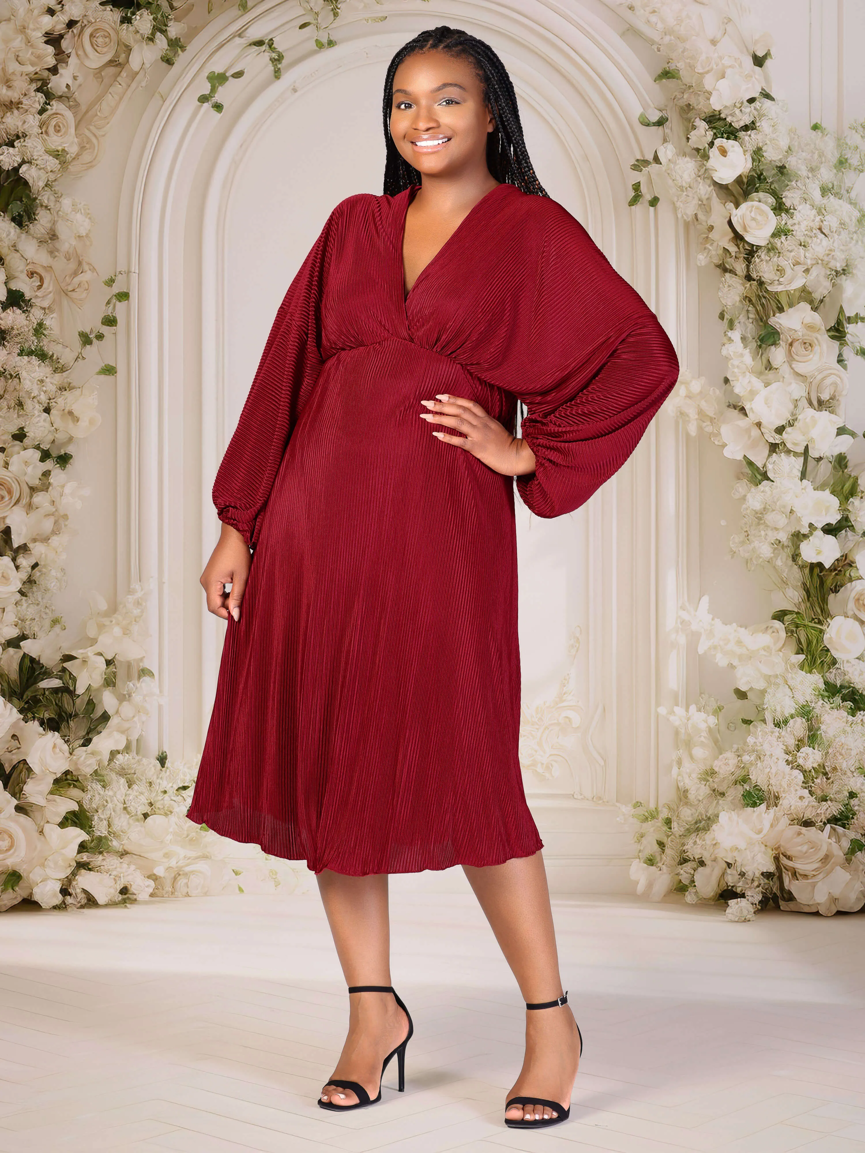 Plus Size Shimmer Pleated V Neck Empire Waist Bishop Sleeve Midi Dress