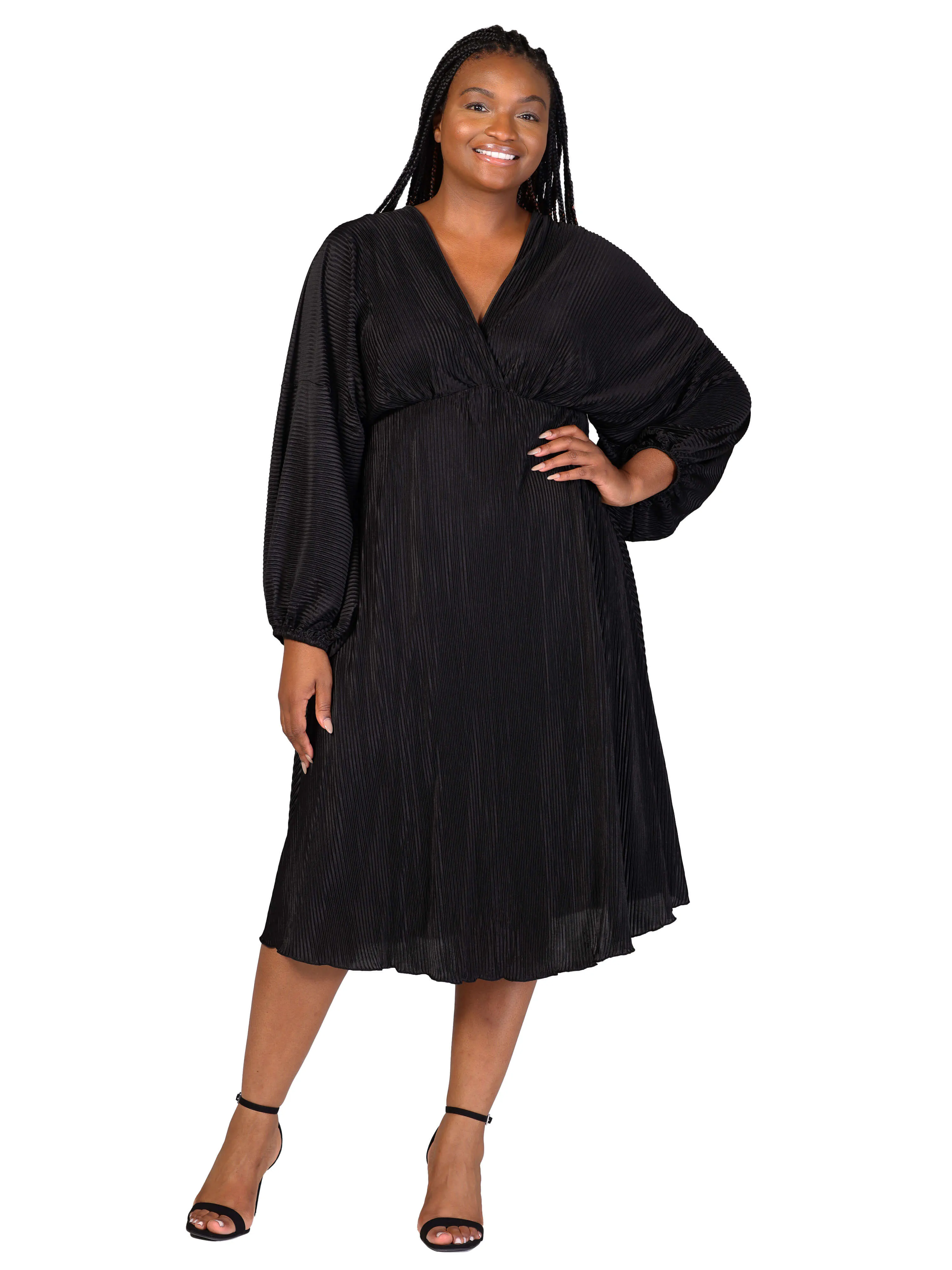 Plus Size Shimmer Pleated V Neck Empire Waist Bishop Sleeve Midi Dress