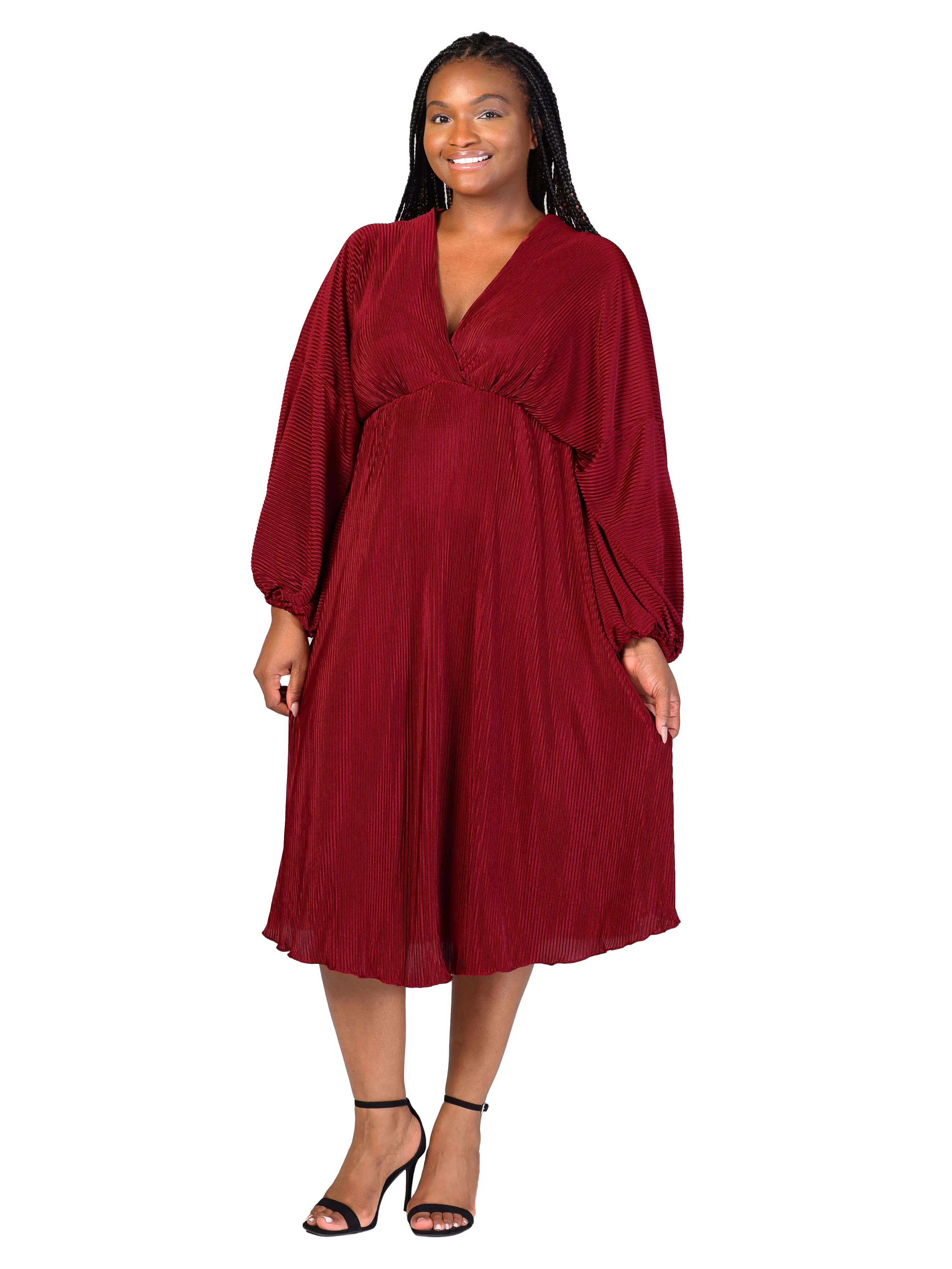 Plus Size Shimmer Pleated V Neck Empire Waist Bishop Sleeve Midi Dress