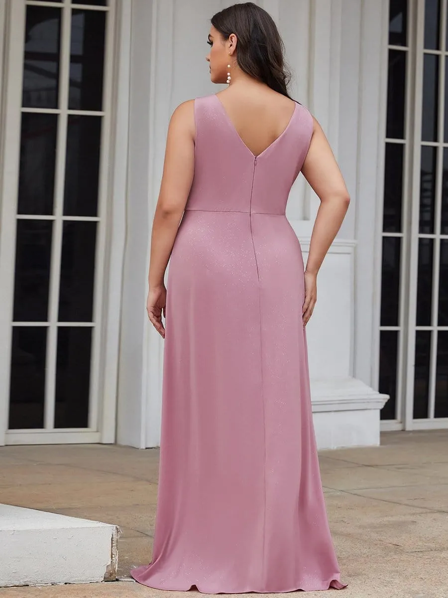 Plus Size Shiny V Neck Side Split Evening Dress