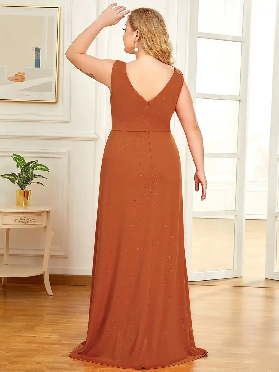 Plus Size Shiny V Neck Side Split Evening Dress