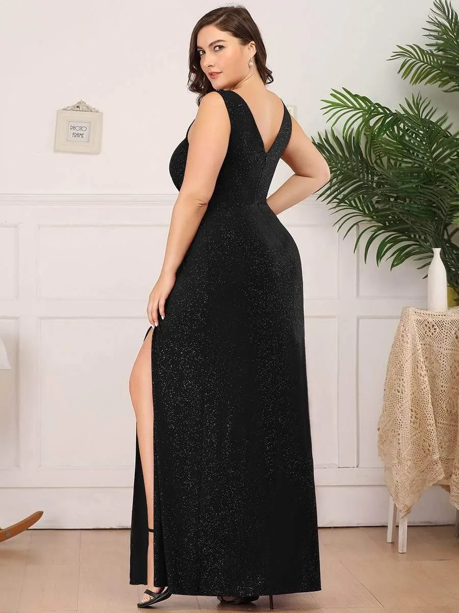 Plus Size Shiny V Neck Side Split Evening Dress