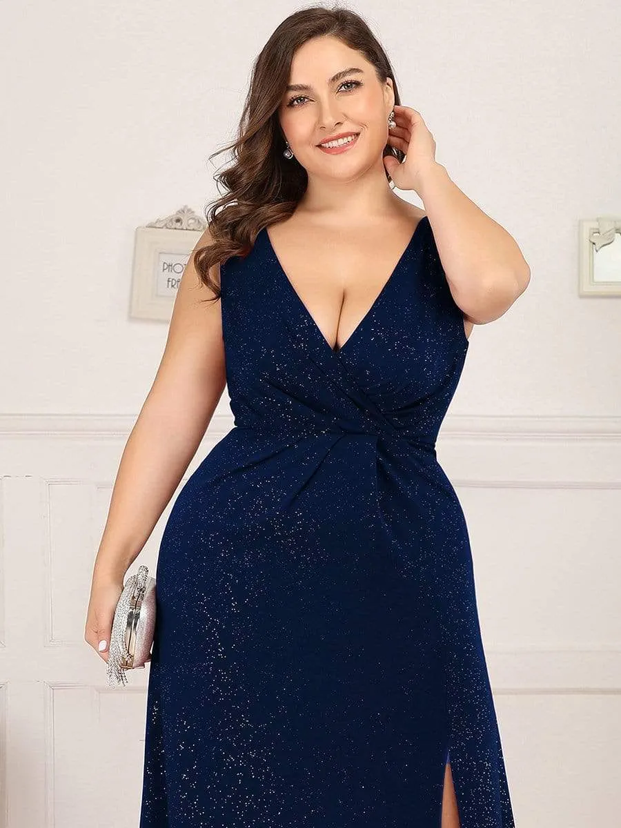 Plus Size Shiny V Neck Side Split Evening Dress