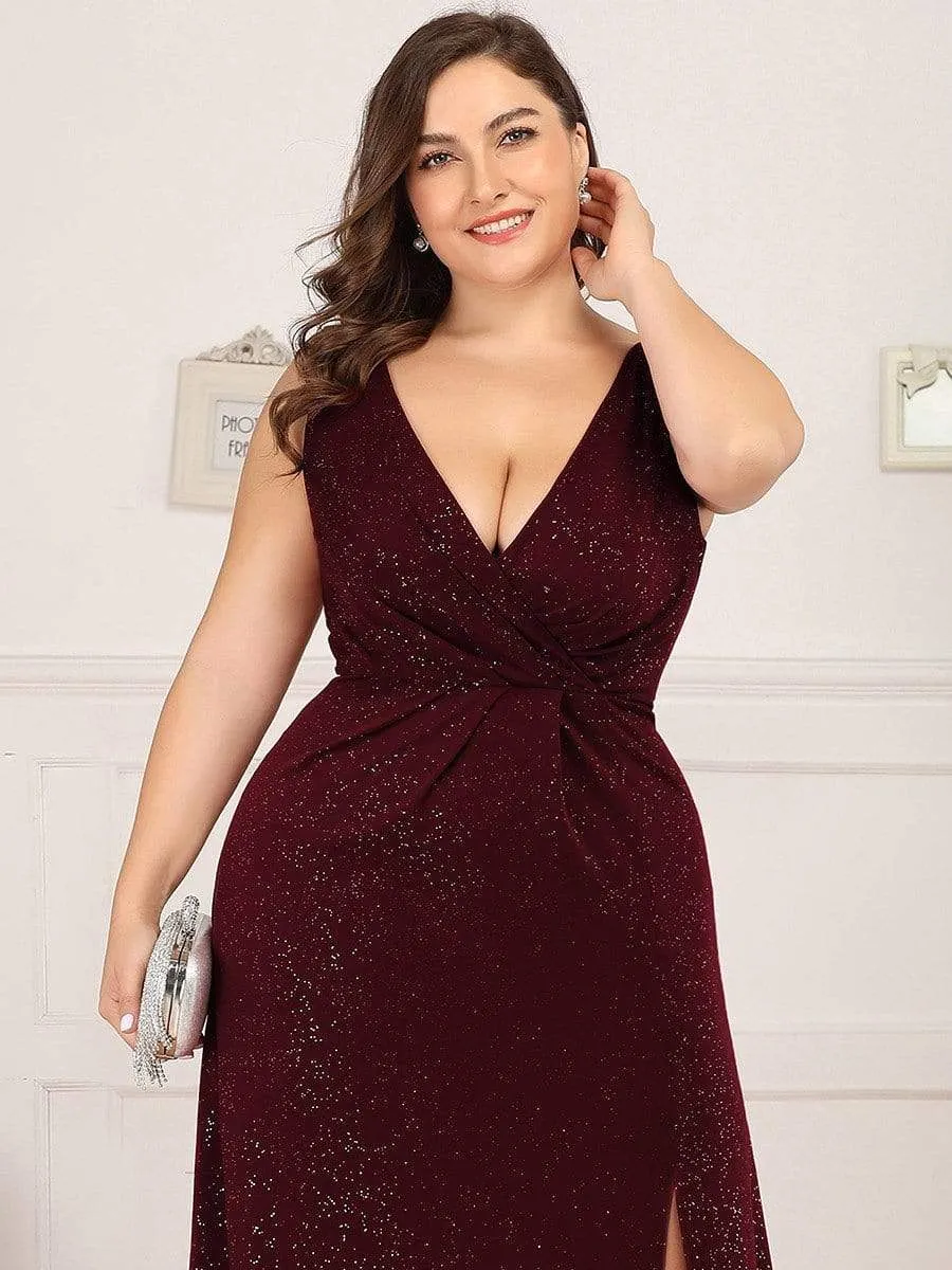 Plus Size Shiny V Neck Side Split Evening Dress