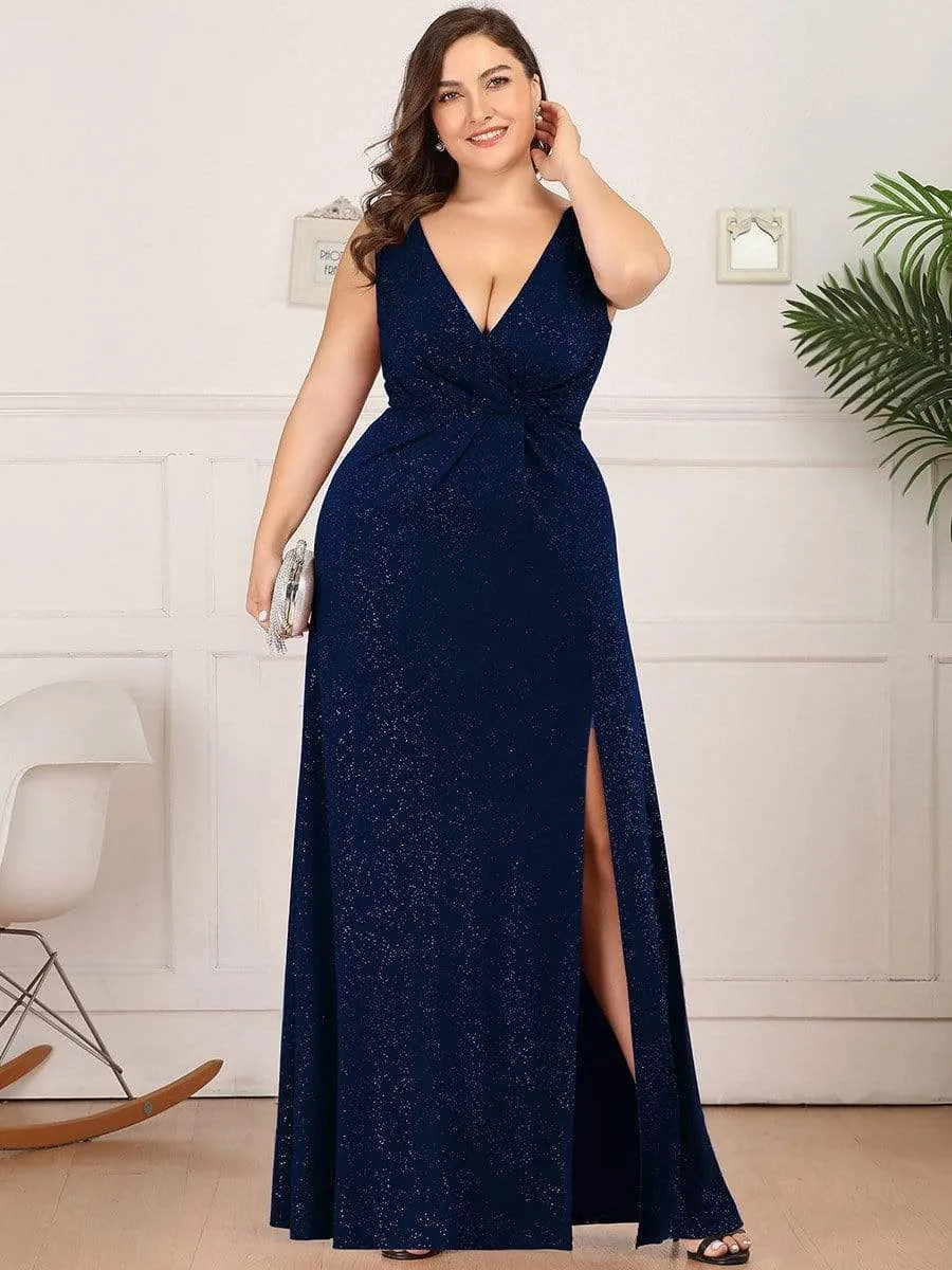 Plus Size Shiny V Neck Side Split Evening Dress