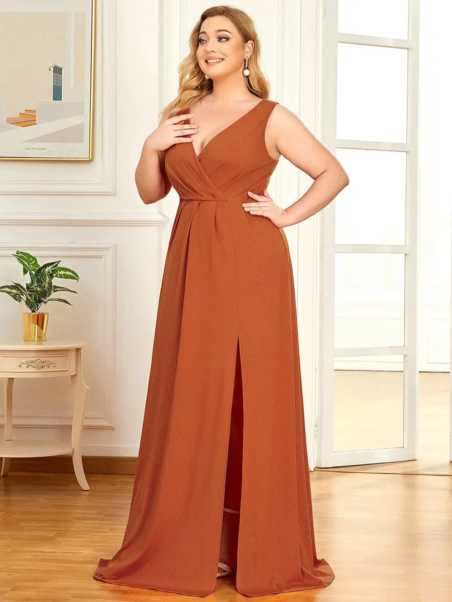 Plus Size Shiny V Neck Side Split Evening Dress