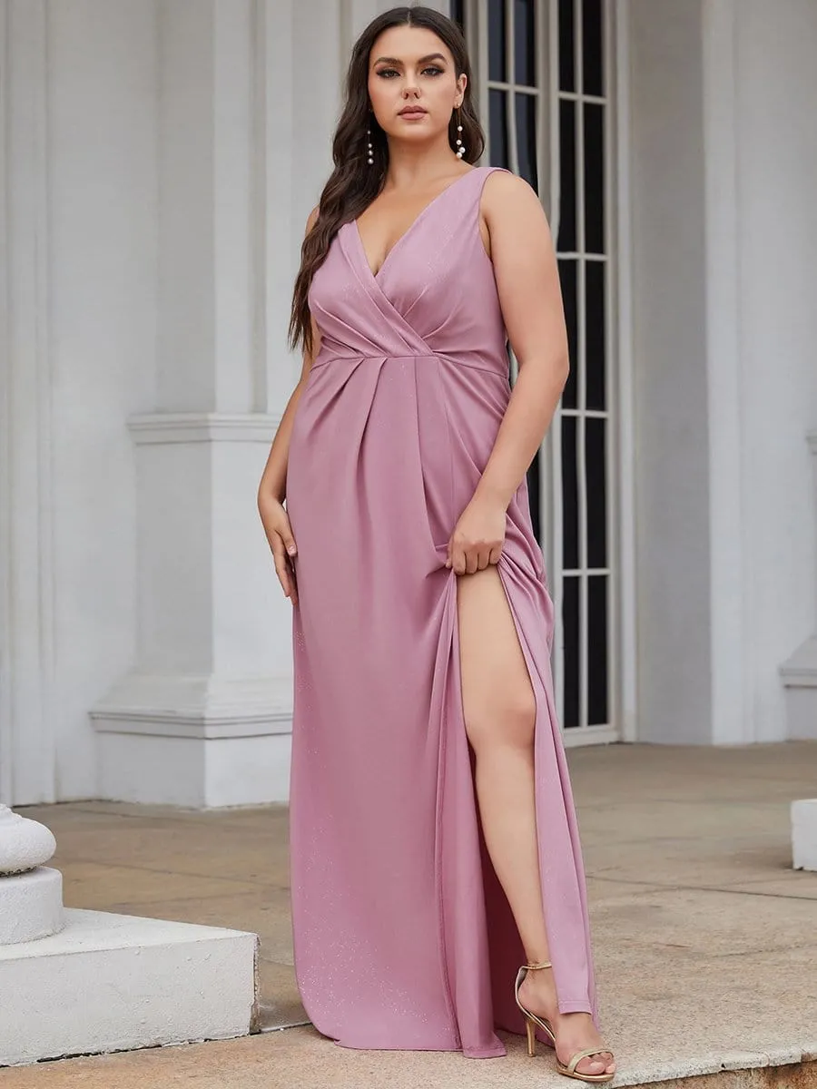 Plus Size Shiny V Neck Side Split Evening Dress