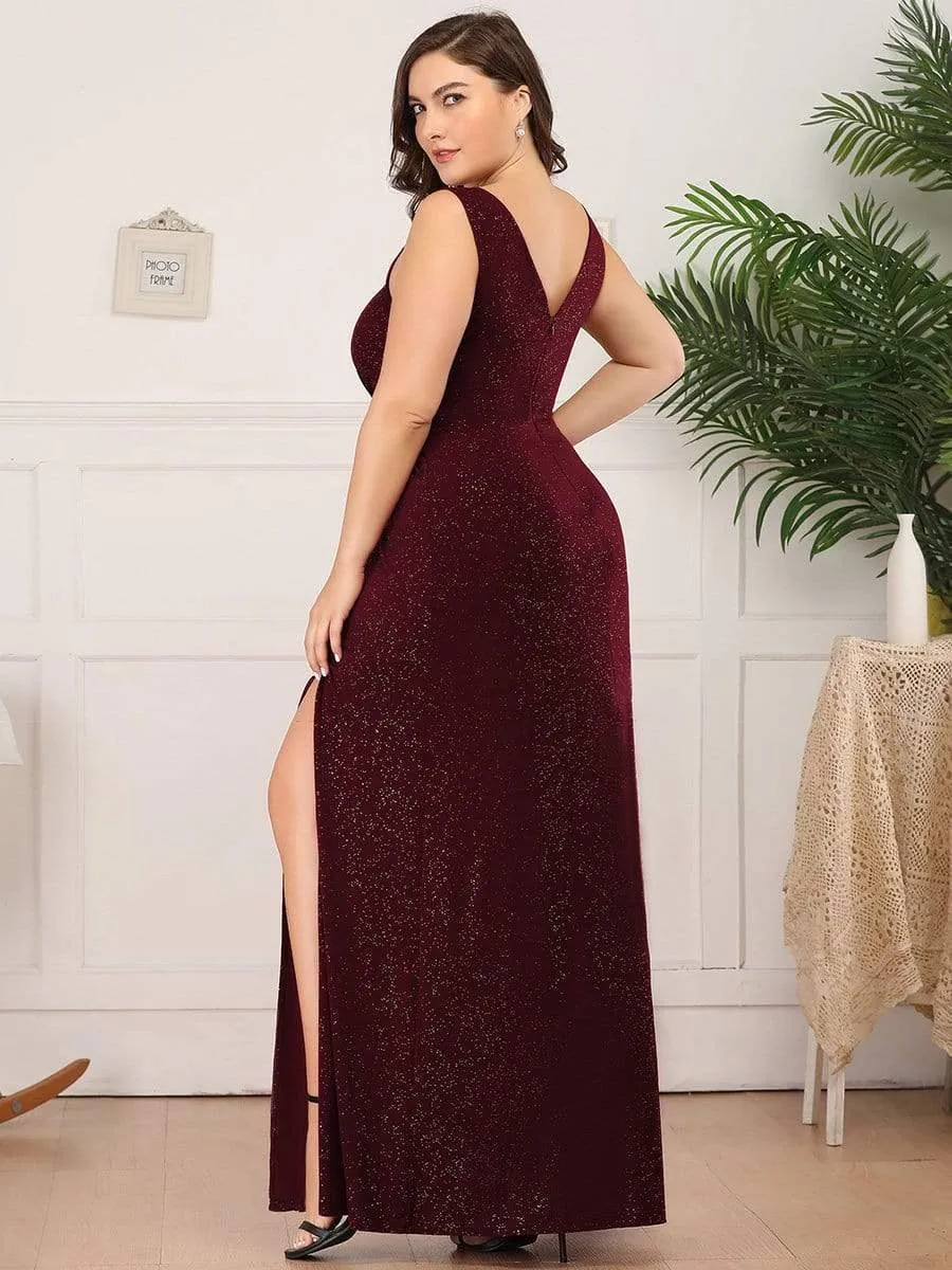 Plus Size Shiny V Neck Side Split Evening Dress