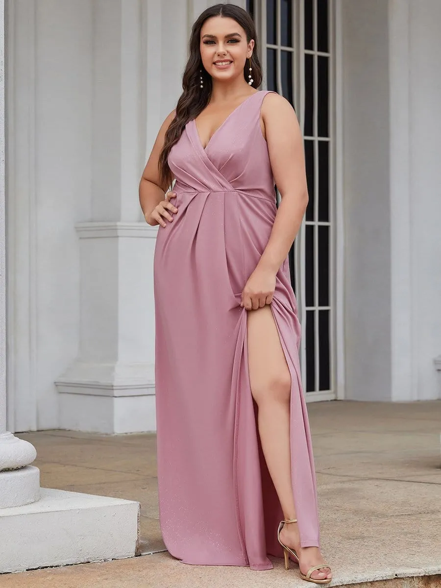 Plus Size Shiny V Neck Side Split Evening Dress