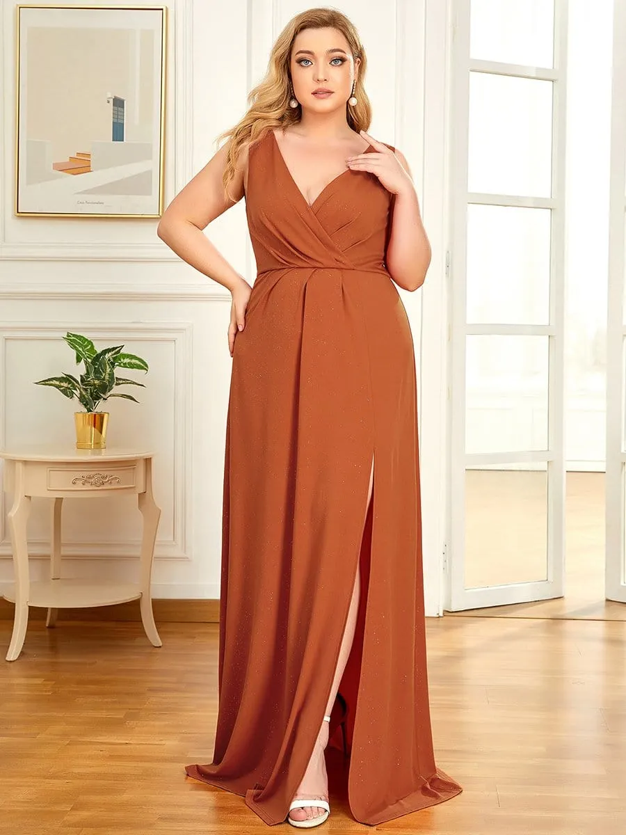 Plus Size Shiny V Neck Side Split Evening Dress