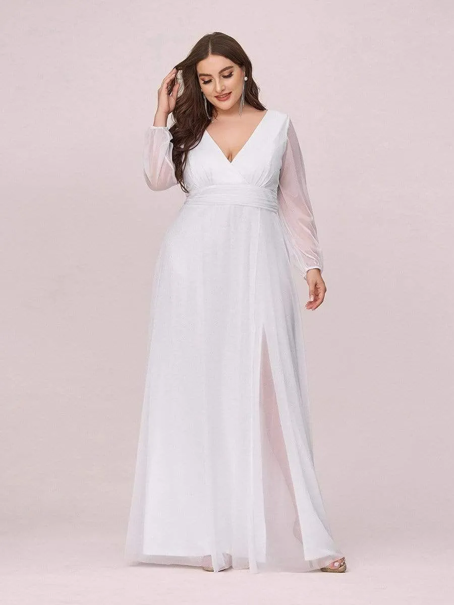 Plus Size V-Neck Shiny Puff Sleeve Evening Dress for Women