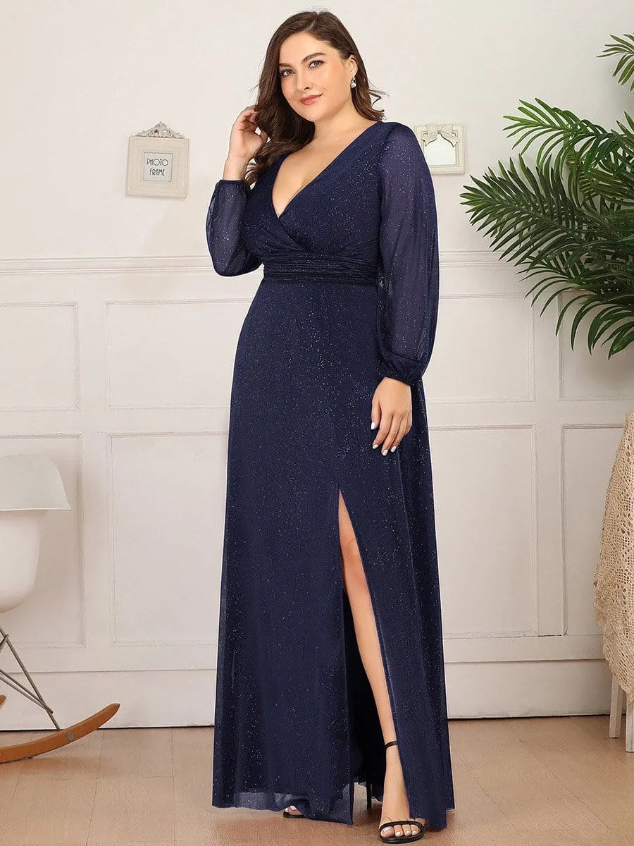 Plus Size V-Neck Shiny Puff Sleeve Evening Dress for Women