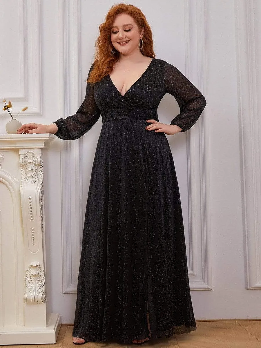 Plus Size V-Neck Shiny Puff Sleeve Evening Dress for Women