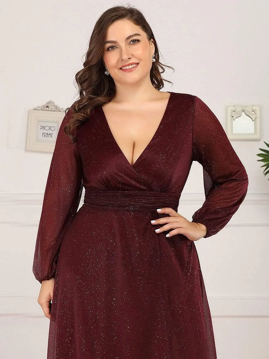 Plus Size V-Neck Shiny Puff Sleeve Evening Dress for Women