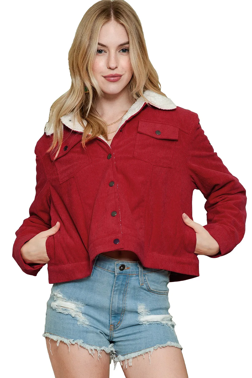 Red Sherpa Snap Flap Pocket Cropped Corduroy Jacket