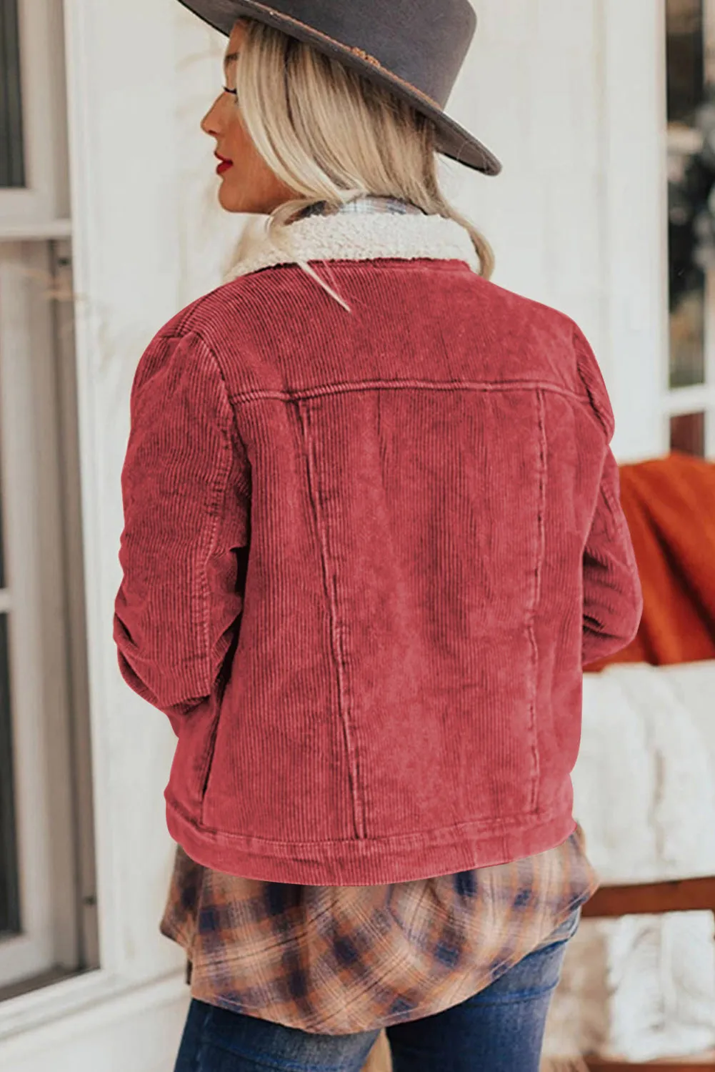 Red Sherpa Snap Flap Pocket Cropped Corduroy Jacket